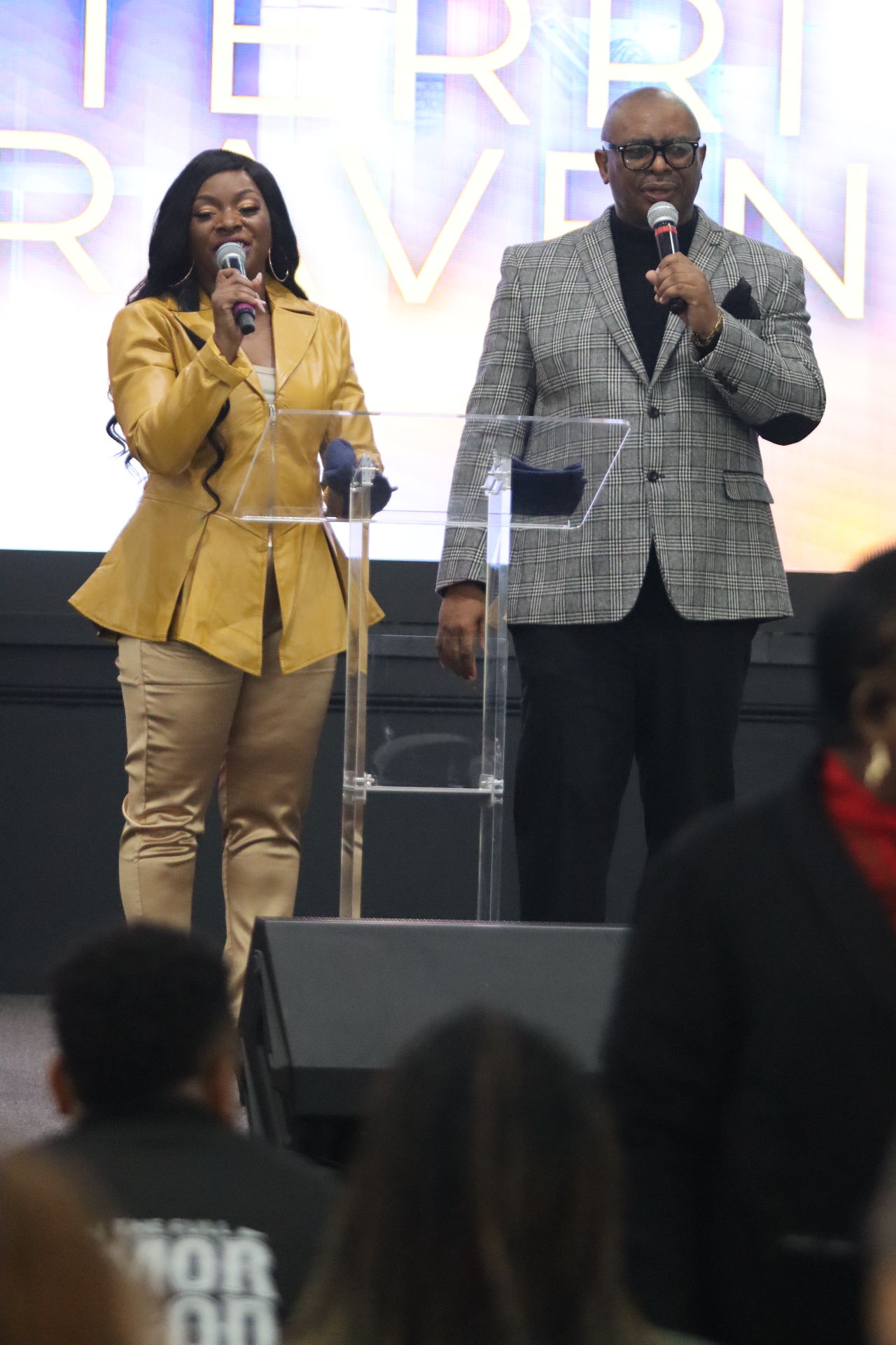 Pastors Myron and Shaunna Barfield speaking together at Victory Christian Center