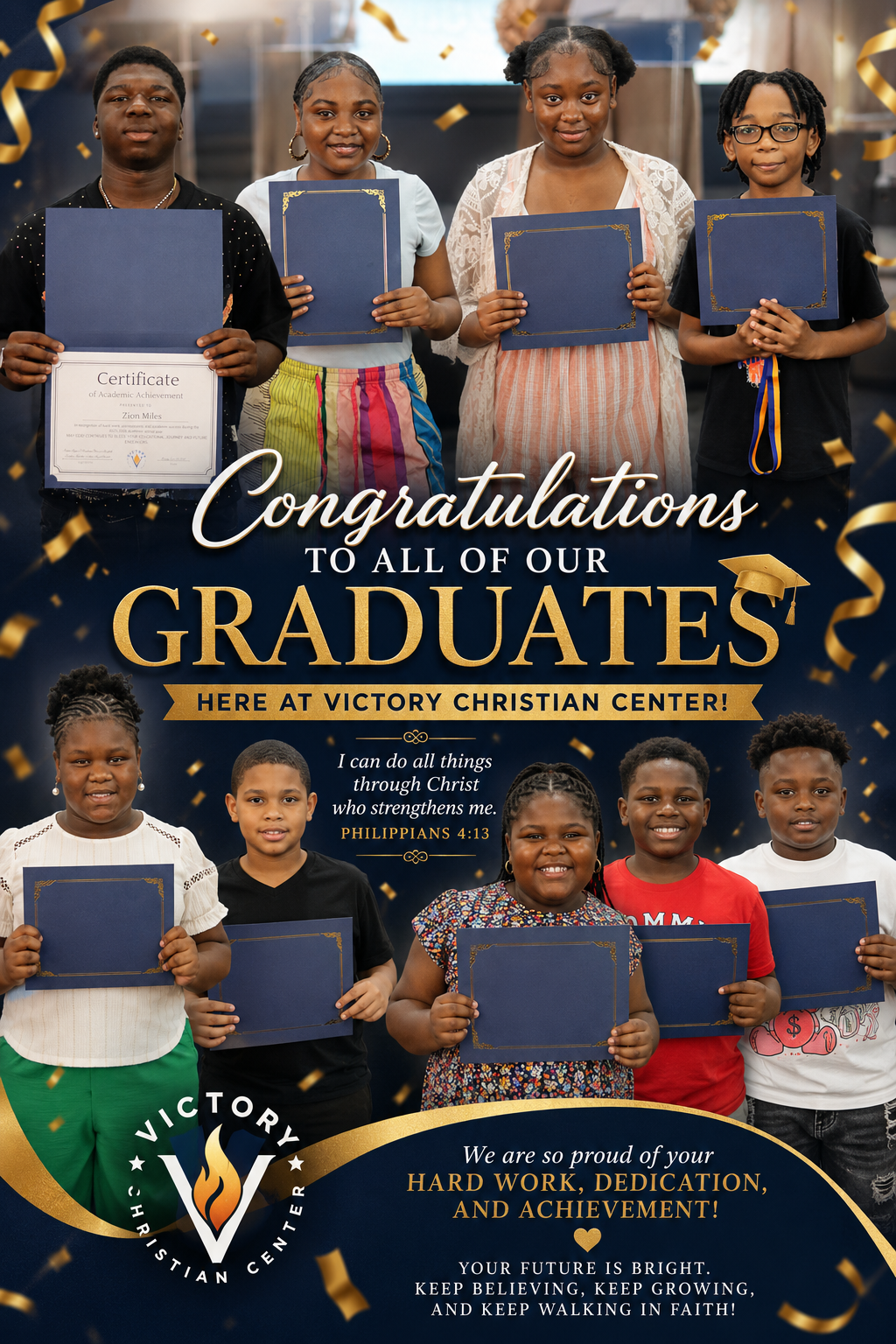 Victory Christian Center 2026 graduates holding their certificates